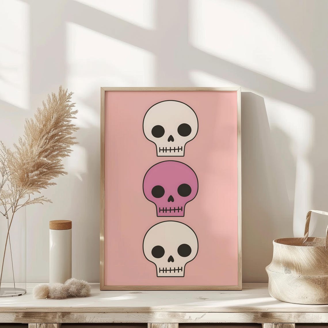 Pink Skulls Stacked Cartoon Cute Preppy Halloween Spooky Poster - Image 3