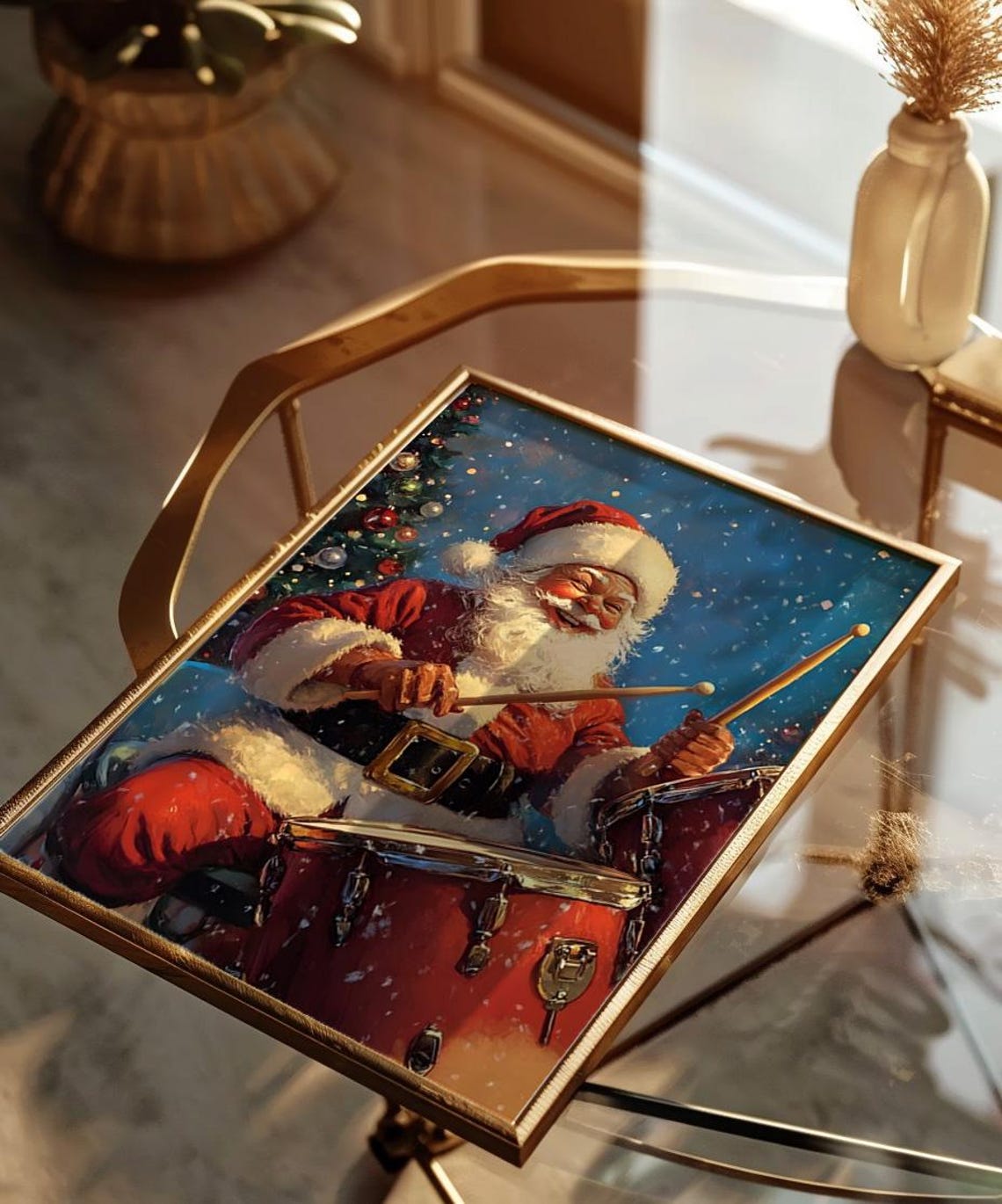 Santa Claus Drummer Playing Red Drums Vintage Christmas Poster - Image 2