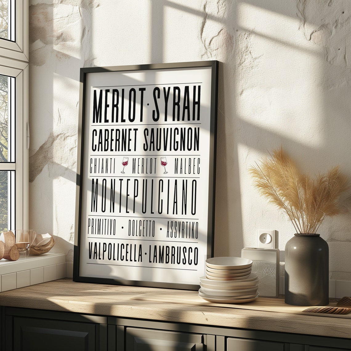 Red Wine Types Typography Wall Art Merlot Cabernet Kitchen Decor