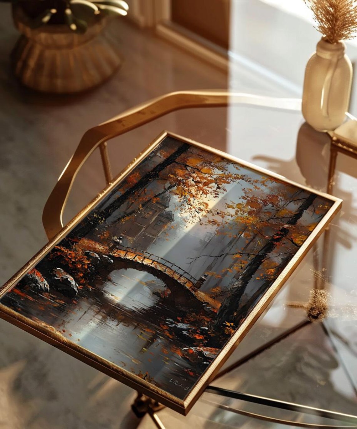 Misty Autumn Bridge Over Quiet River Forest Oil Painting Poster - Image 4