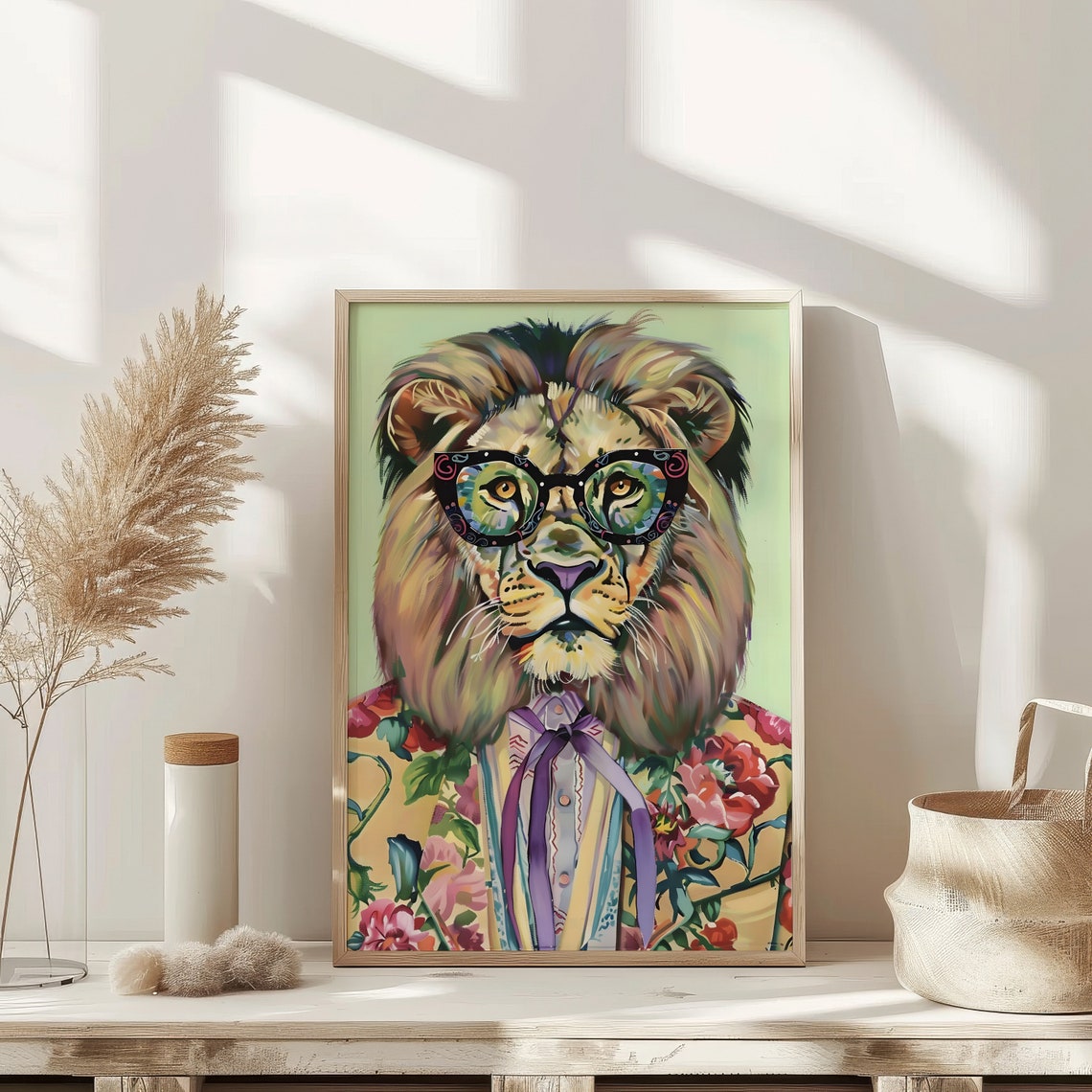Funky Lion Wearing Glasses Floral Suit Colorful Animal Art Poster - Image 2
