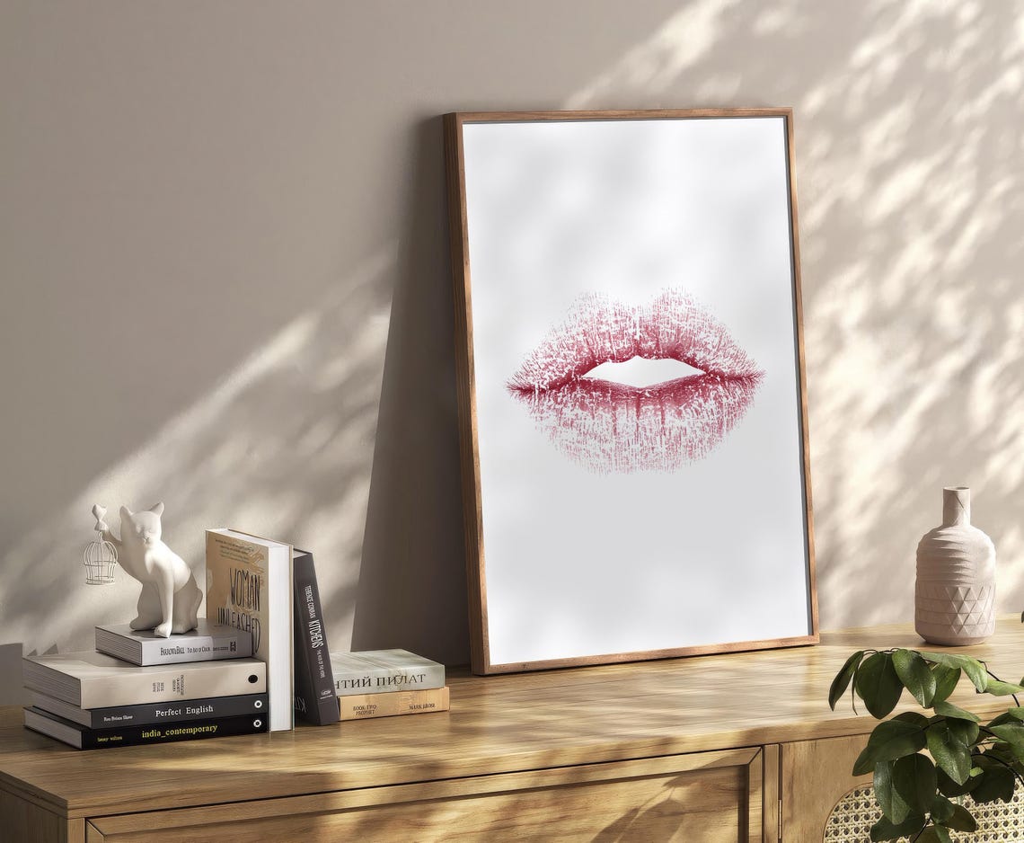 Red Lipstick Kiss Mark Minimalist Glam Makeup Bedroom Wall Print - Image 2