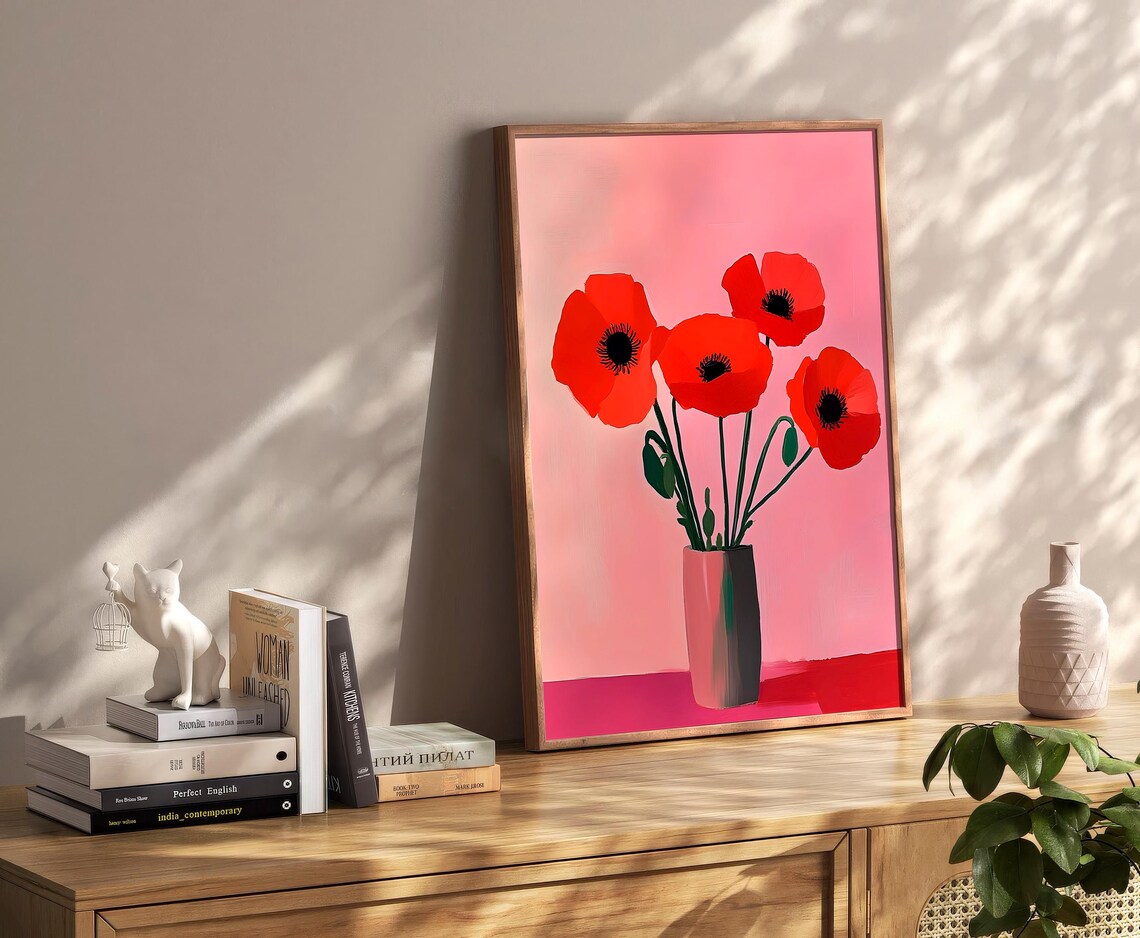 Vibrant Red Poppies In Vase On Pink Modern Floral Art Poster - Image 2