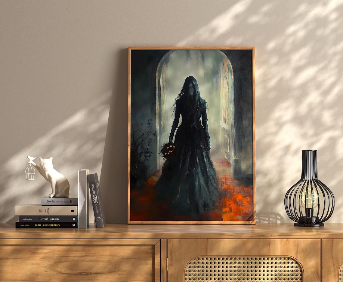 Gothic Veiled Woman Pumpkin Bouquet Dark Elegant Halloween Poster