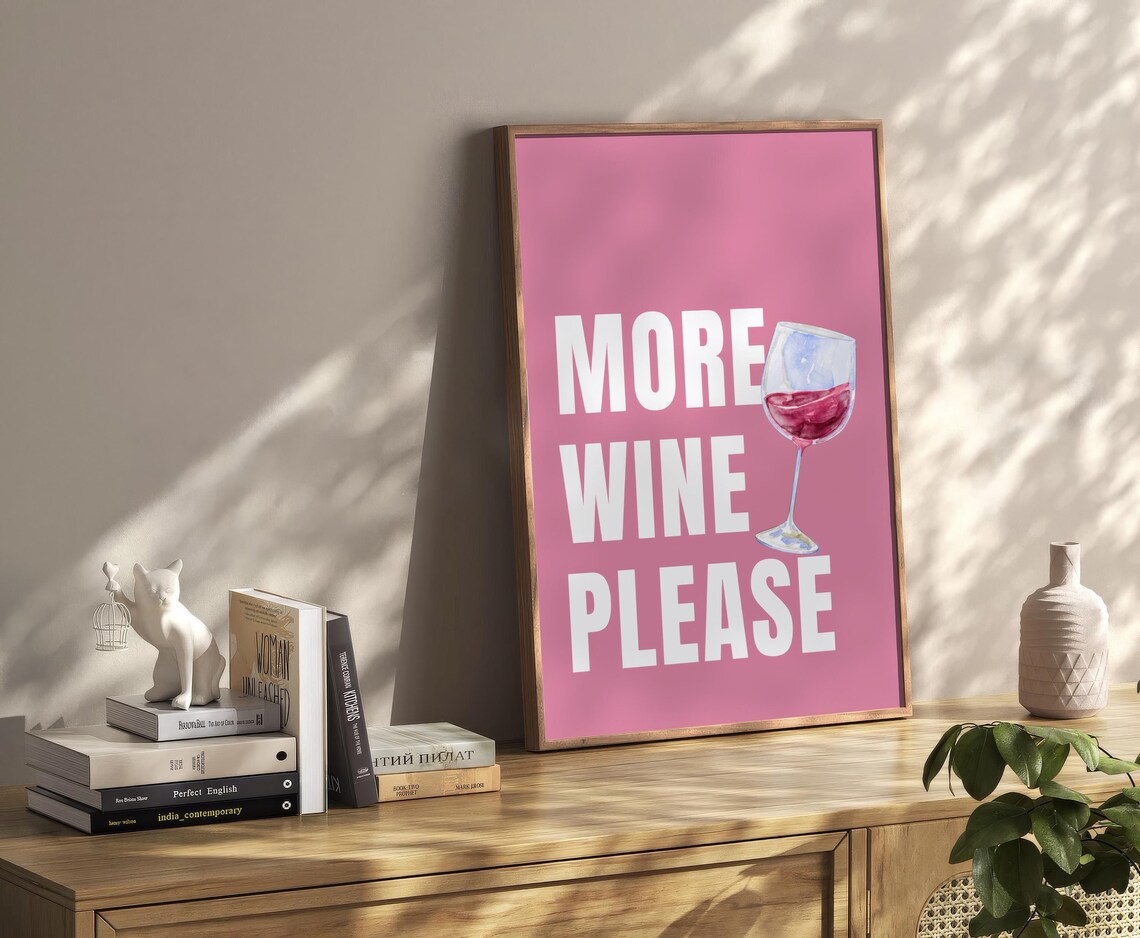 Cheerful More Wine Please Pink Watercolor Wine Glass Bar Poster - Image 2