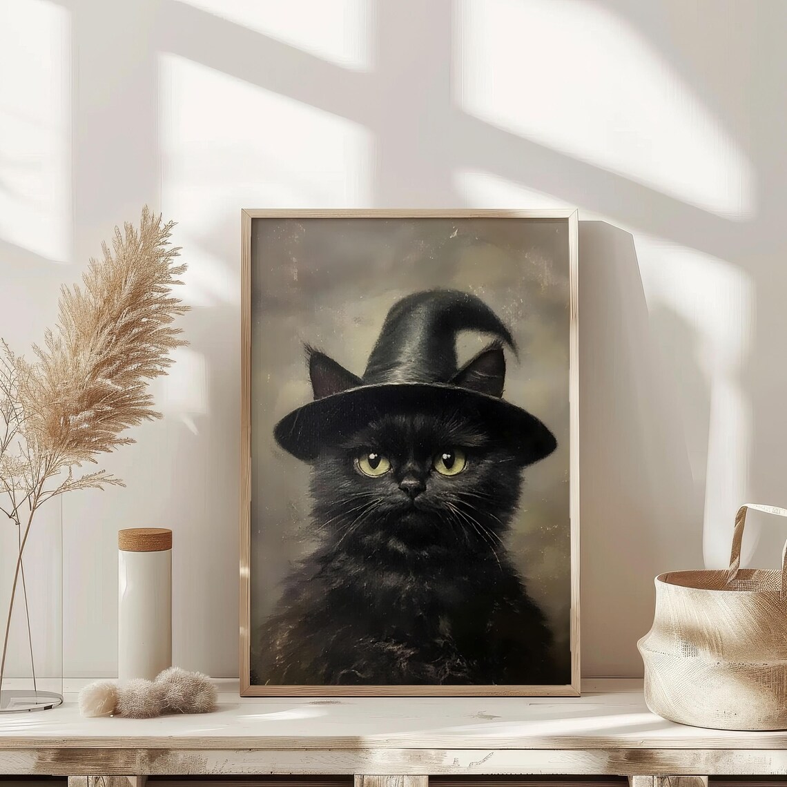 Black Cat Wearing Witch Hat Vintage Oil Painting Halloween Poster - Image 2