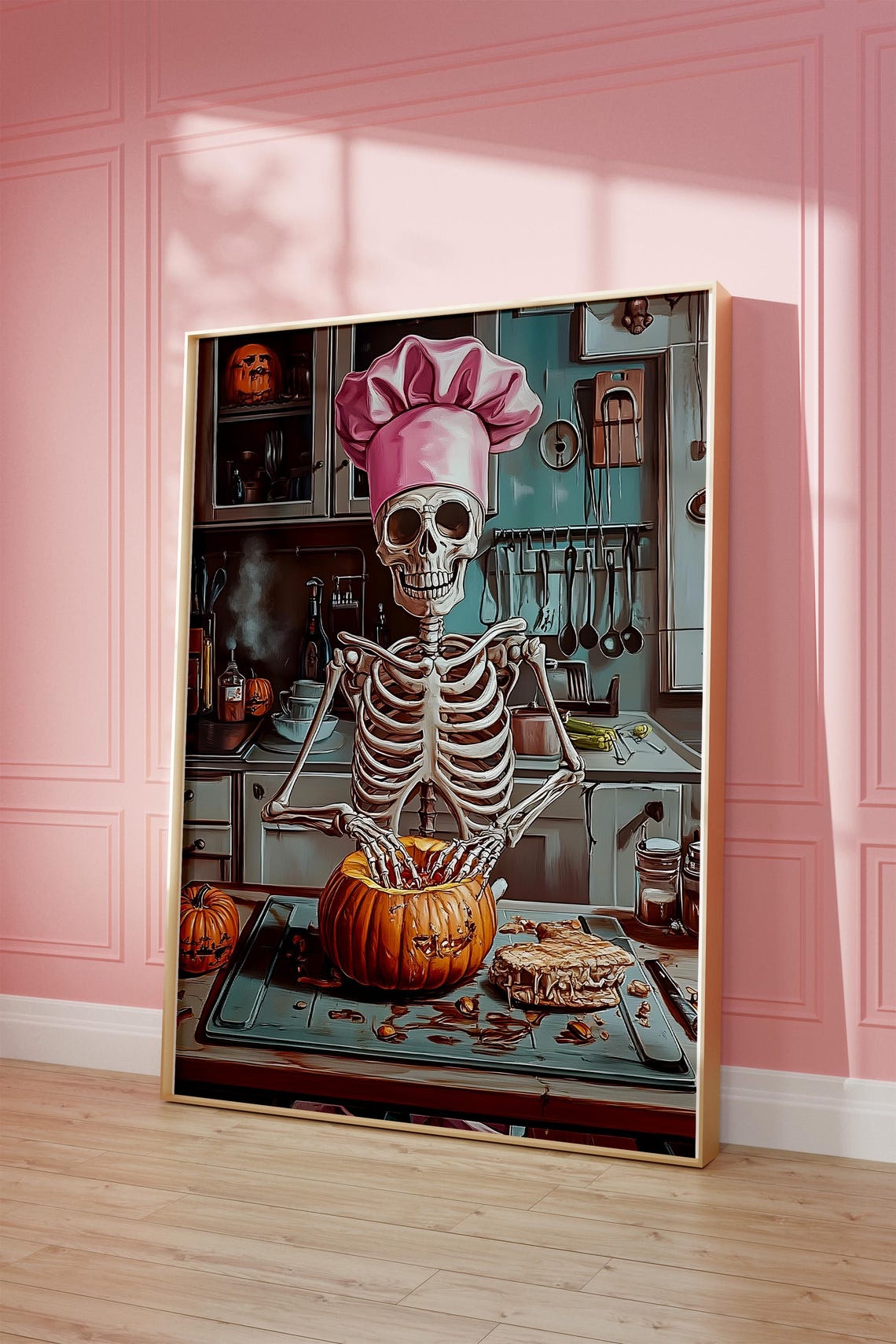 Skeleton Chef Pumpkin Carving Retro Halloween Kitchen Art Poster - Image 4