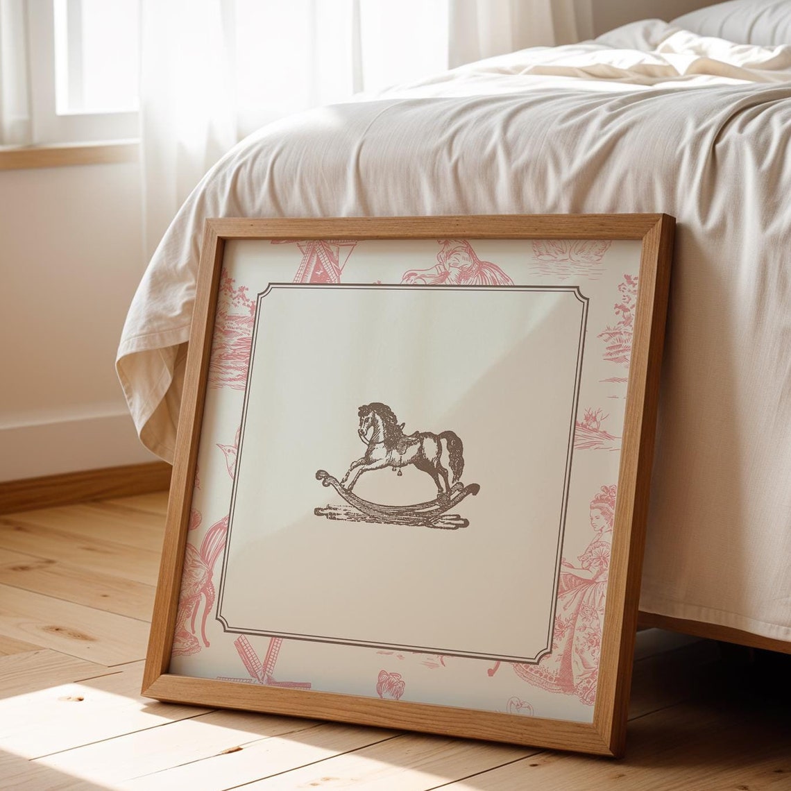 Pink Toile Border Vintage Rocking Horse Engraving Nursery Poster
