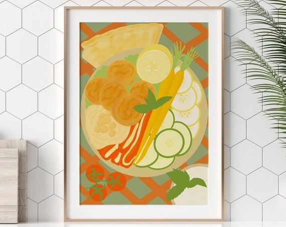 Falafel Bowl Illustration Art Print, Middle Eastern Food