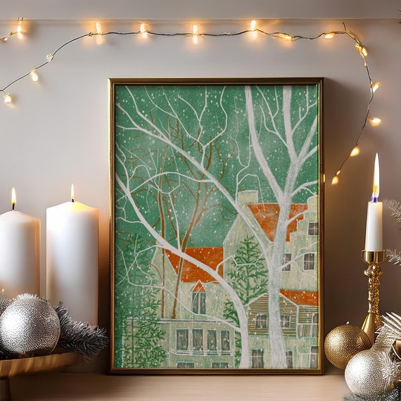 Wintertime In A Town Beautiful Vintage Illustration Wall Art