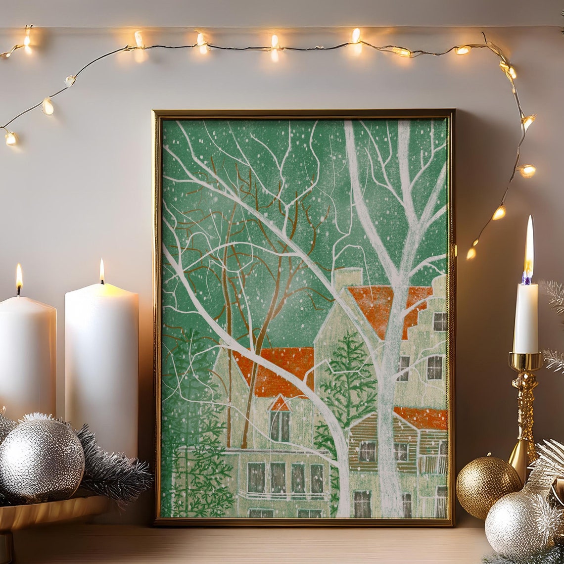Wintertime In A Town Beautiful Vintage Illustration Wall Art