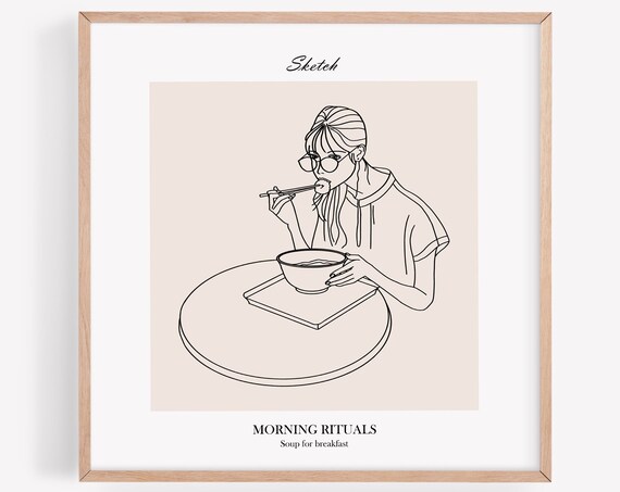 Morning Rituals Soup For Breakfast Woman Line Art Minimal Poster