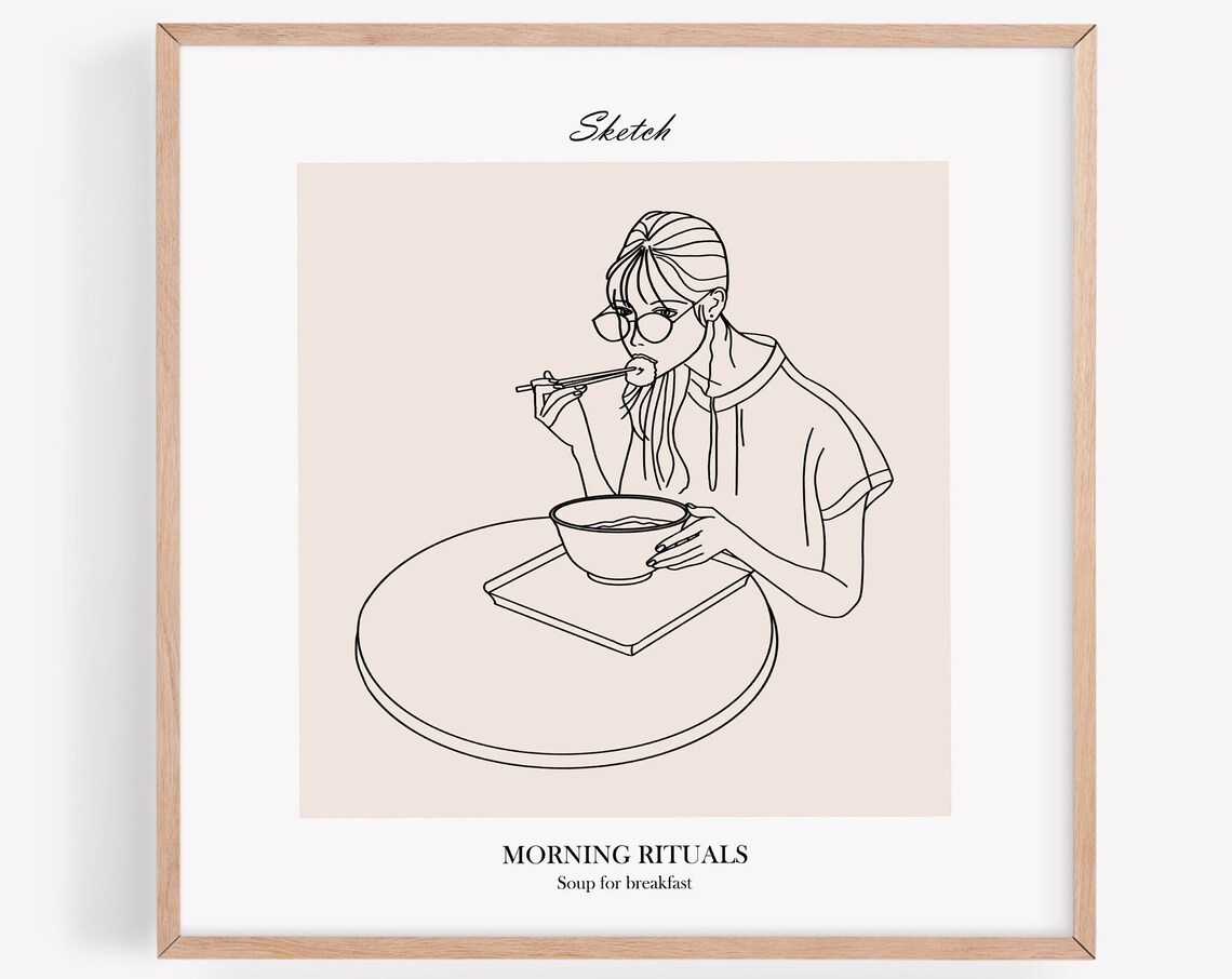 Morning Rituals Soup For Breakfast Woman Line Art Minimal Poster