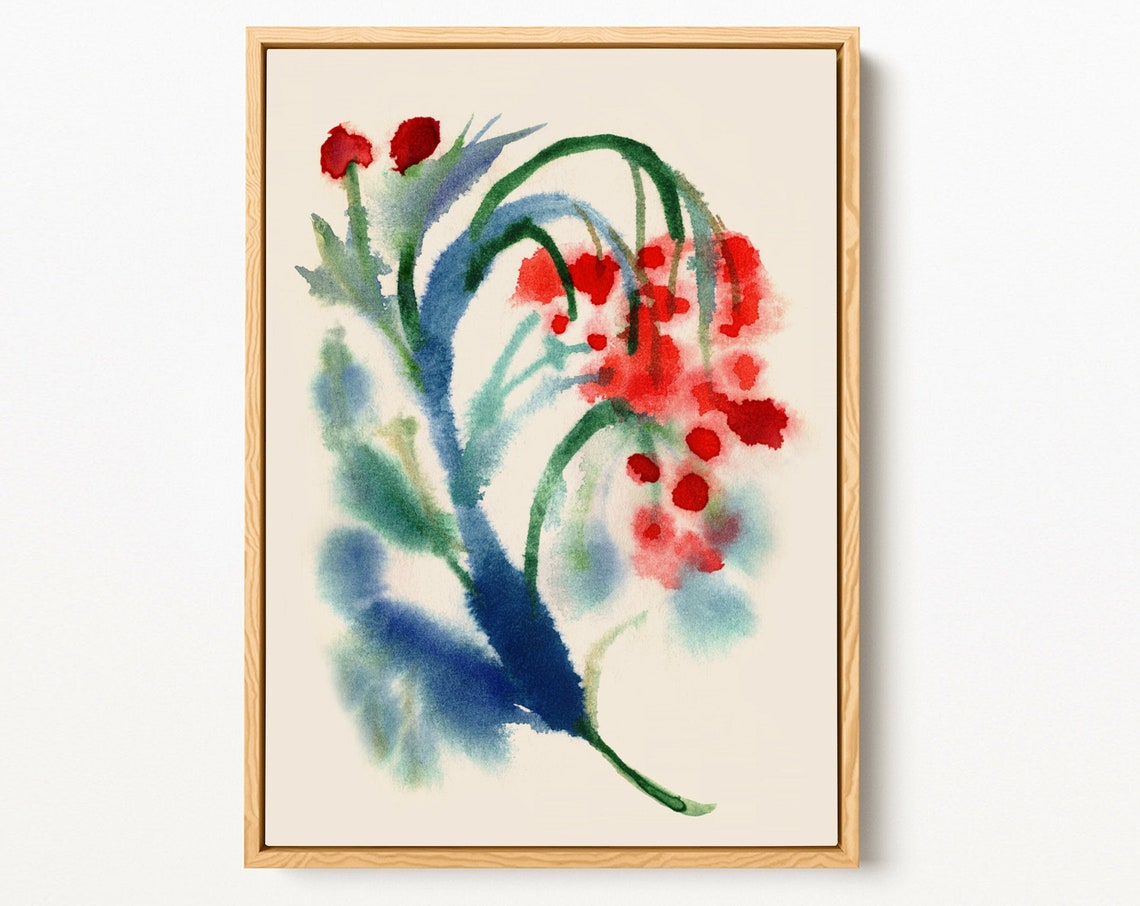 Red Berries Watercolor Blue Green Foliage Loose Botanical Art Poster