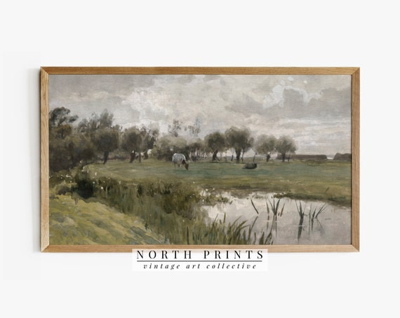 Country Summer Landscape Painting, Vintage Green Art Print