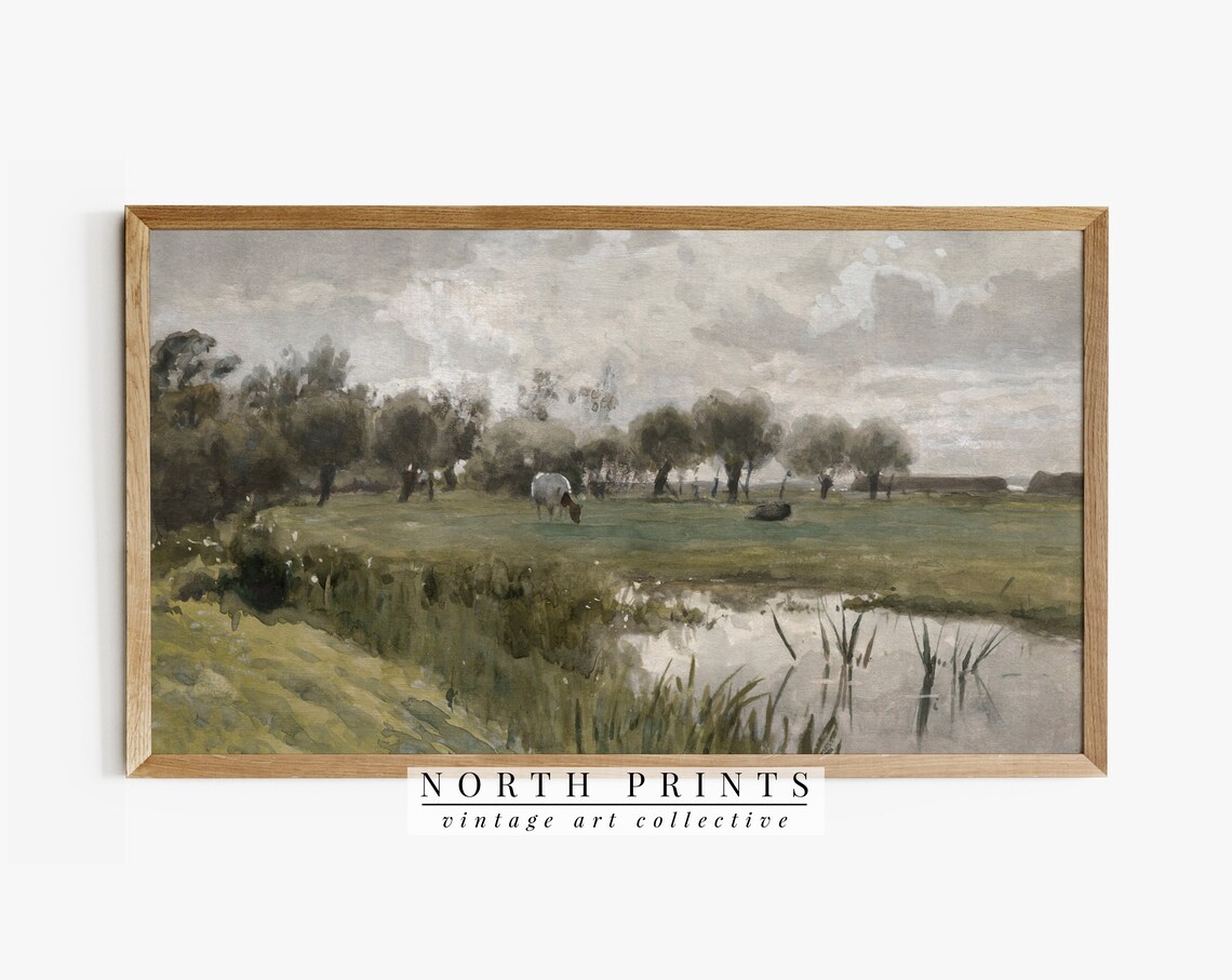 Country Summer Landscape Painting, Vintage Green Art Print
