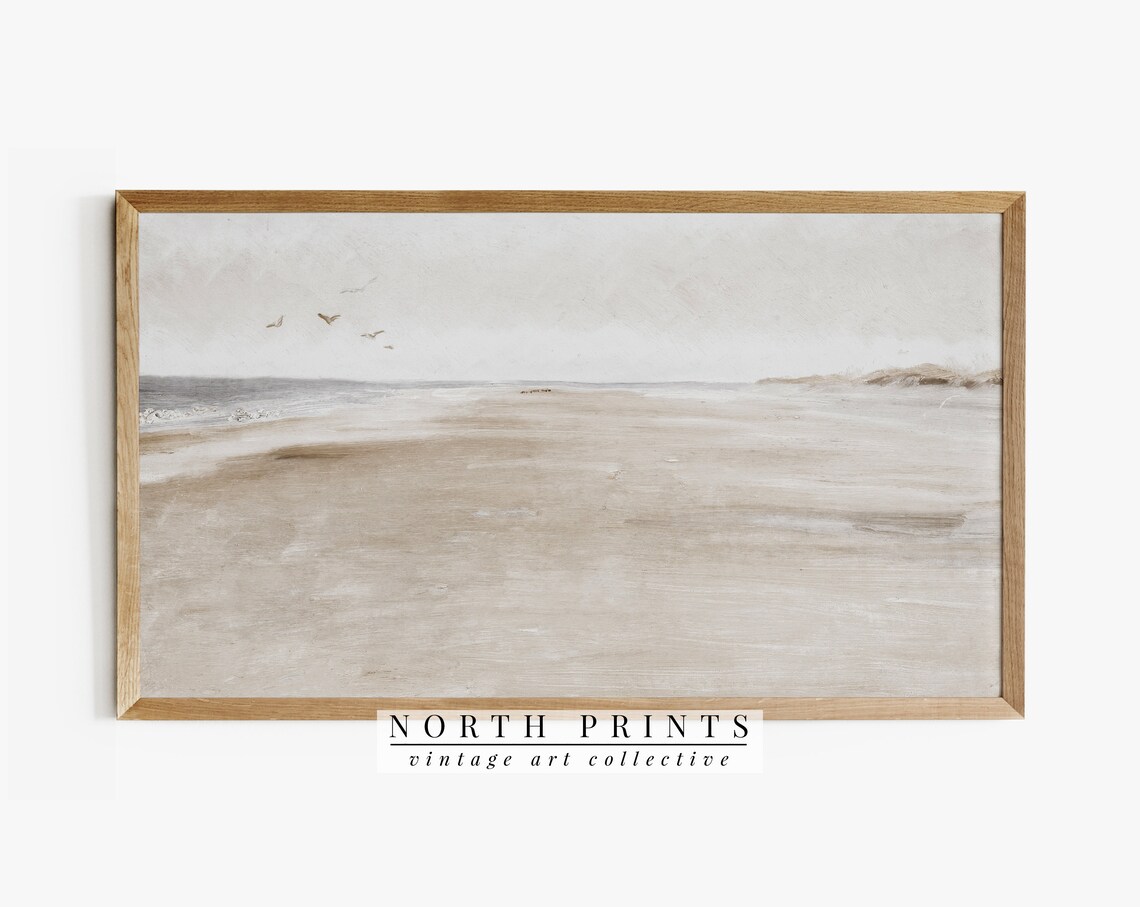 Minimalist Neutral Beach Seascape Birds Vintage Painting Soft Coastal Art Poster