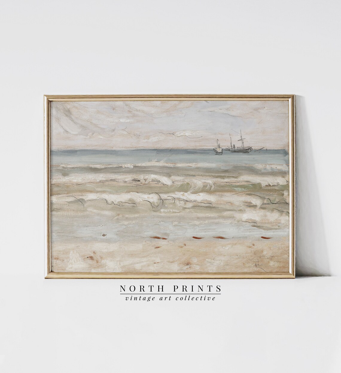 Vintage Beach Surf Sailing Ship Horizon Soft Coastal Oil Painting Wall Print