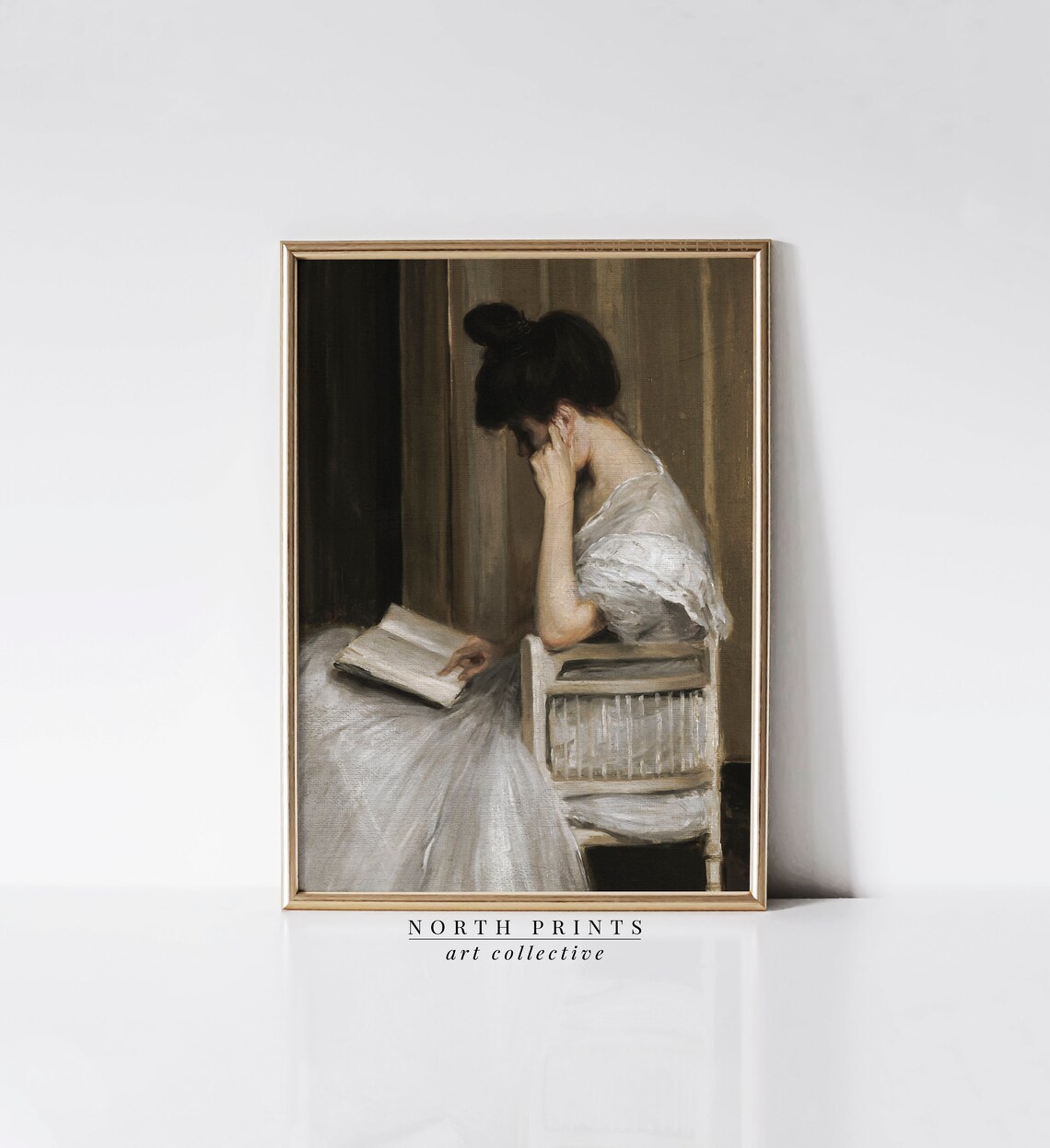 Vintage Woman Reading Book Oil Portrait Library Quiet Interior Art Print - Image 3