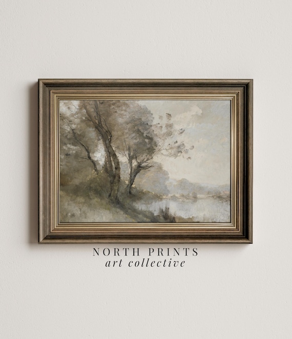 Muted Green Landscape Art Print, Riverside Painting