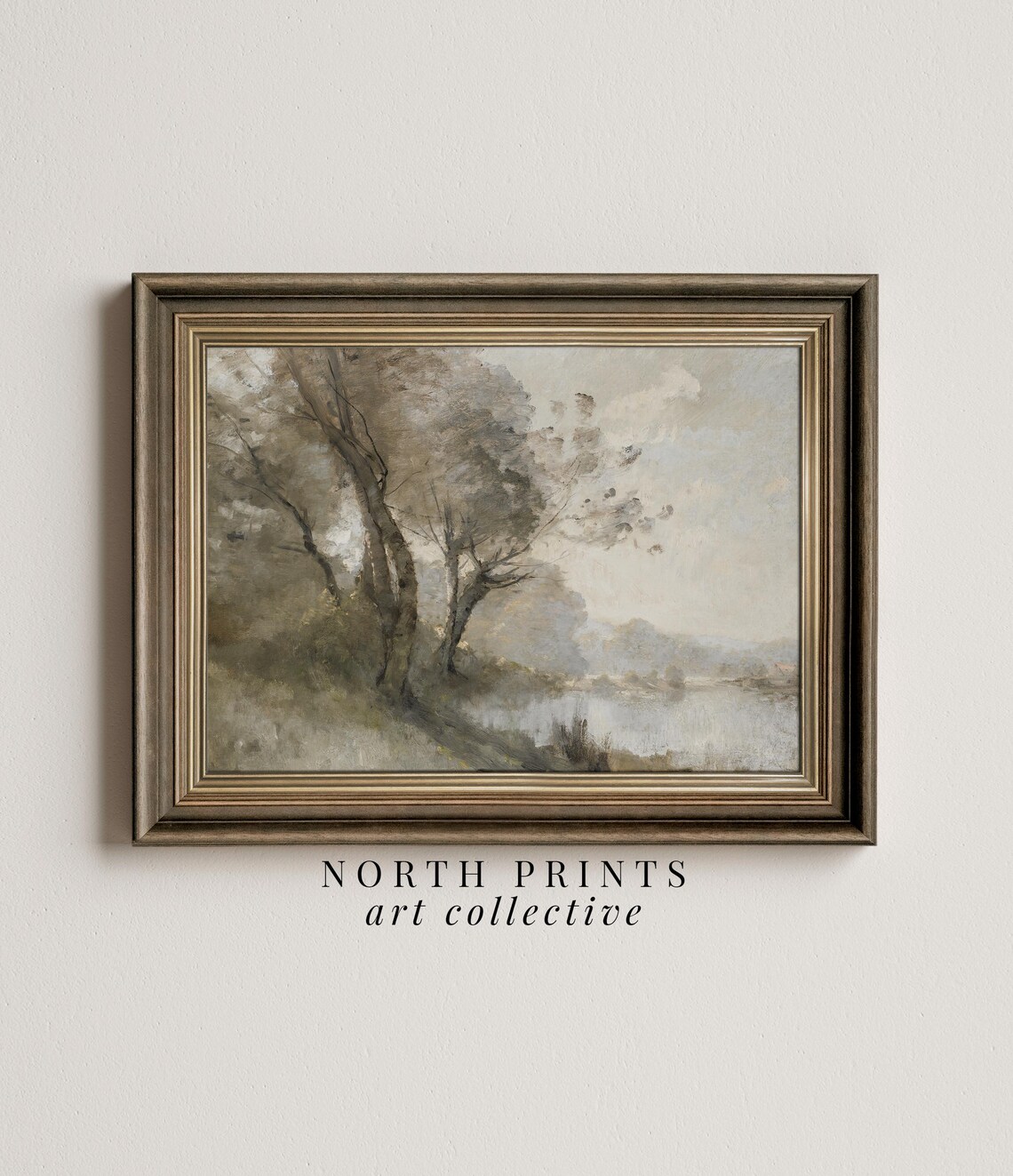 Muted Green Landscape Art Print, Riverside Painting