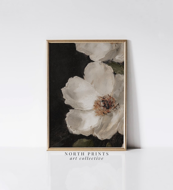 White Flower Still Life Painting Moody Dark Wall Decor Botanical Floral North Prints 8 35