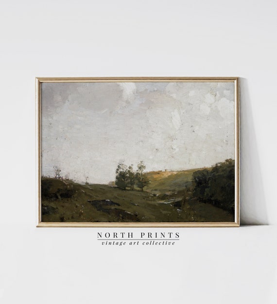 Country Landscape Art Print Vintage Farmhouse Decor Dark Green 1118