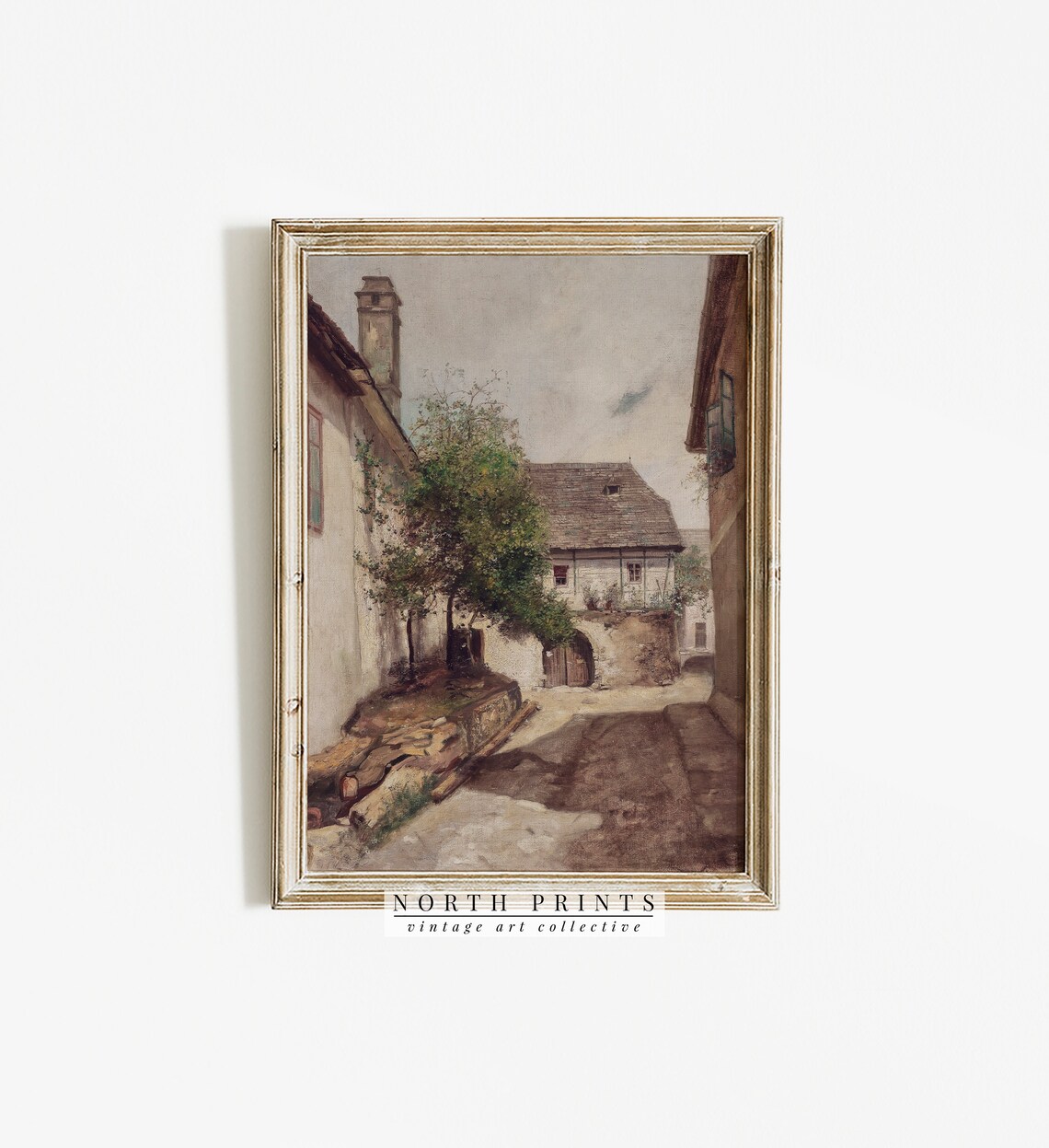 Old European Courtyard Stone Houses Vintage Village Painting Poster - Image 2