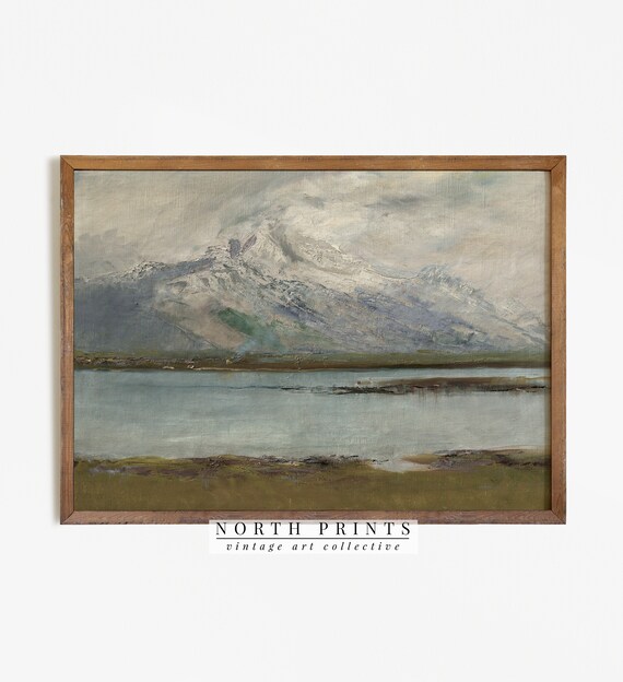 Vintage Mountain Painting Vintage Landscape Print Rustic Lake Art 328