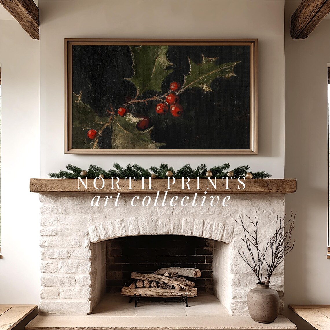 Winter Holly Berry Art Print, Moody Festive Decor - Image 2