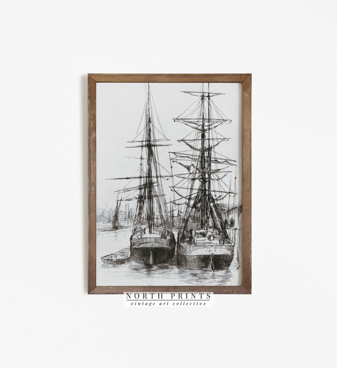 Tall Ships Harbor Antique Nautical Pen Sketch Drawing Wall Art