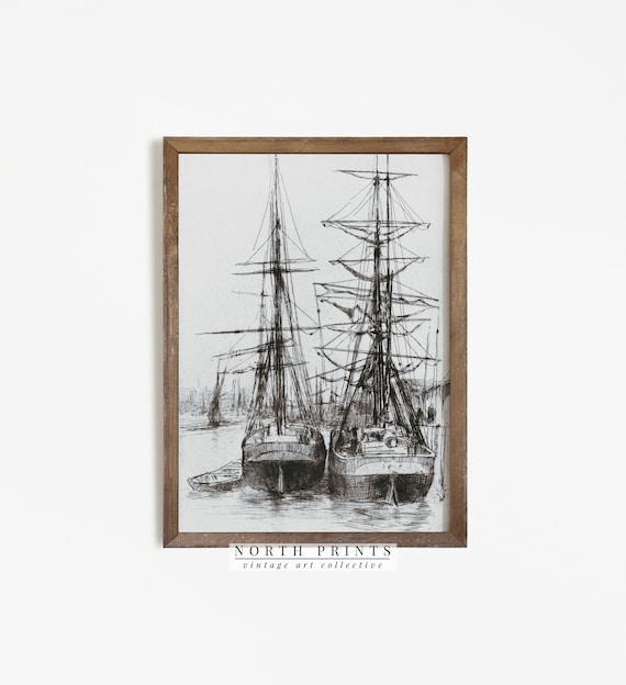 Tall Ships Harbor Antique Nautical Pen Sketch Drawing Wall Art