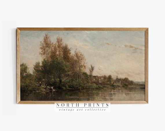 Vintage River Landscape, French Country Art Print
