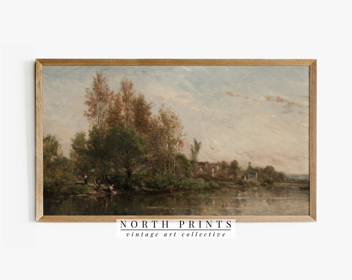 Vintage River Landscape, French Country Art Print