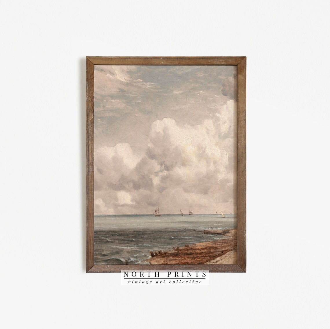 Antique Seascape Tall Ships Dramatic Clouds Ocean Painting Wall Art