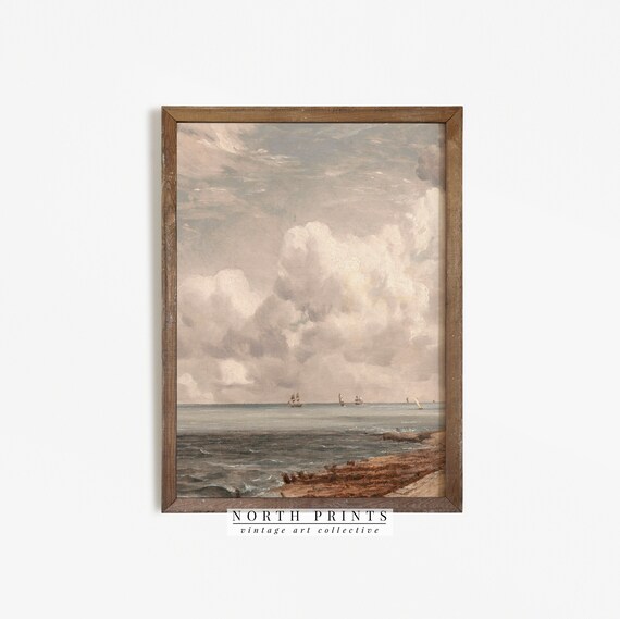 Antique Seascape Tall Ships Dramatic Clouds Ocean Painting Wall Art