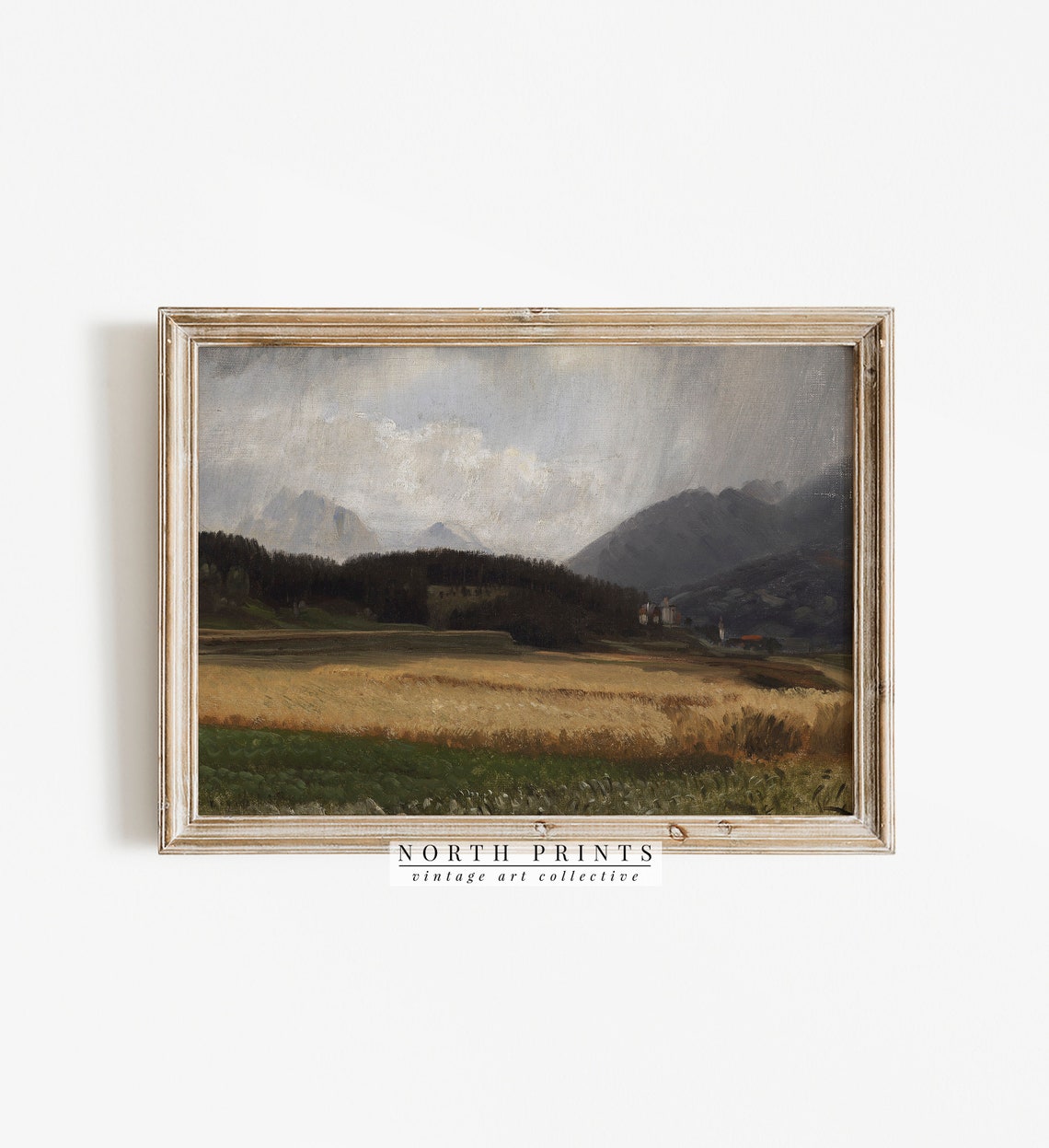 Misty Mountain Valley Golden Wheat Fields Vintage Painting Print - Image 2