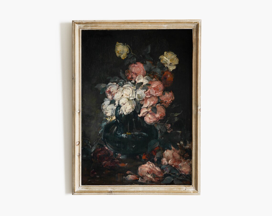 Moody Roses Bouquet Dark Background Vintage Floral Art Print - Image 2