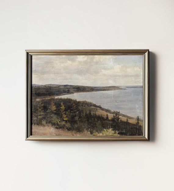 Coastal Pine Forest Hills Calm Bay Overcast Sky Vintage Landscape Wall Print