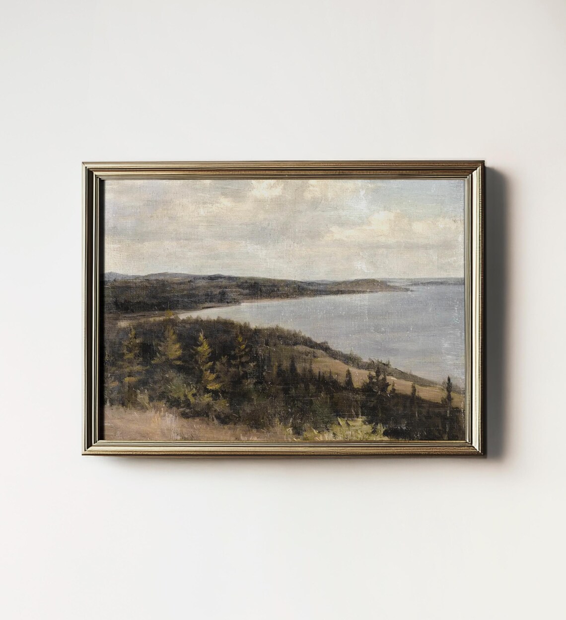 Coastal Pine Forest Hills Calm Bay Overcast Sky Vintage Landscape Wall Print