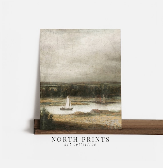 Moody Vintage Sailboat Lake Landscape Dark Oil Painting Poster