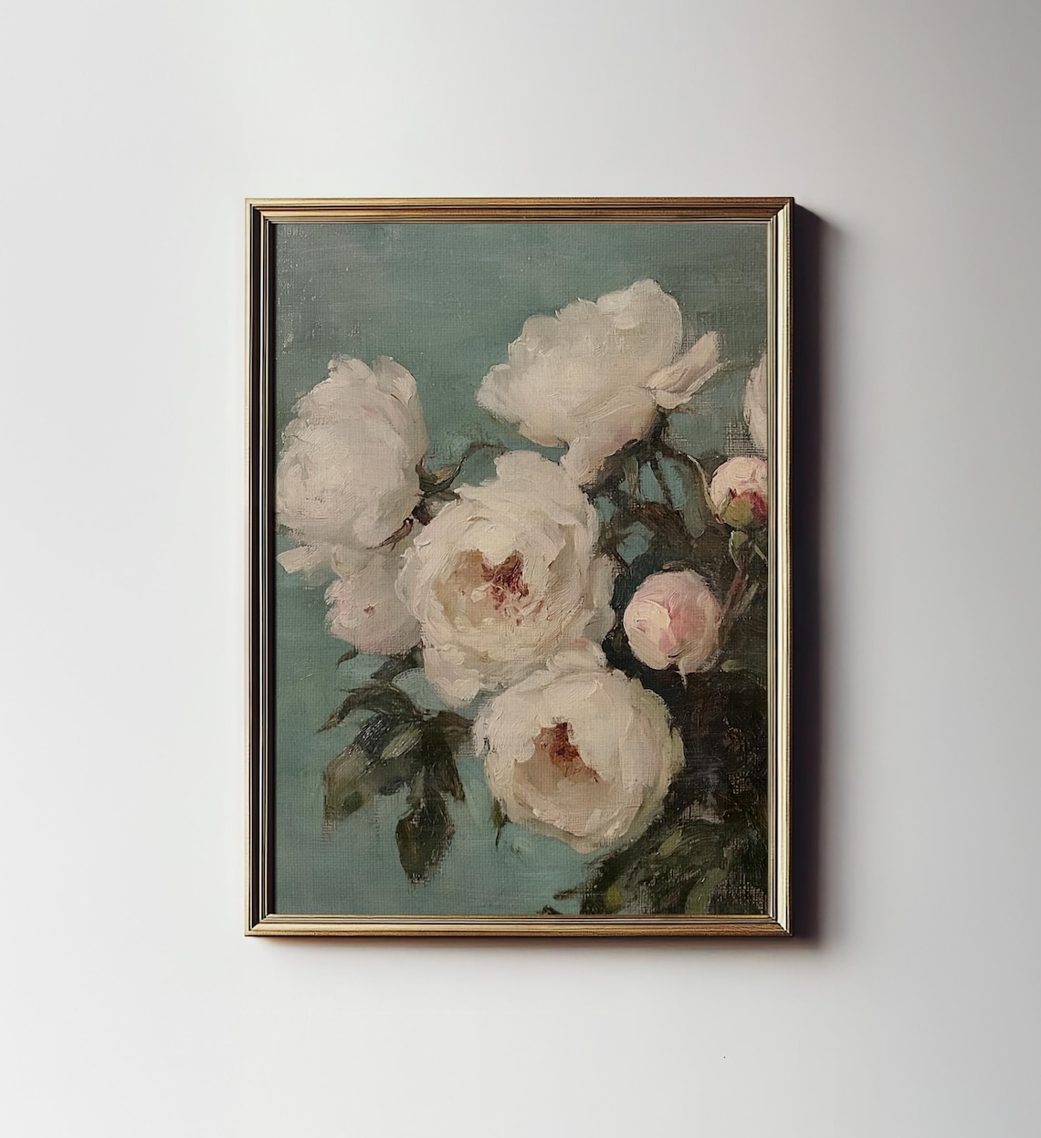 White Peony Bouquet Teal Background Vintage Floral Oil Painting Print