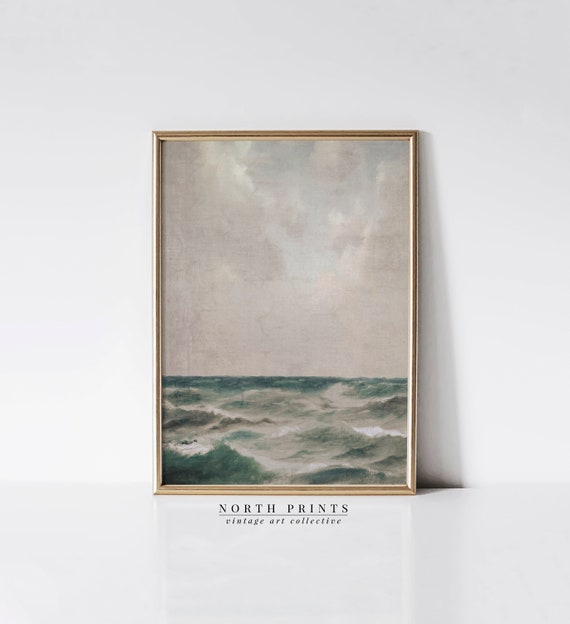 Moody Coastal Vintage Painting, Ocean Seascape Art Print