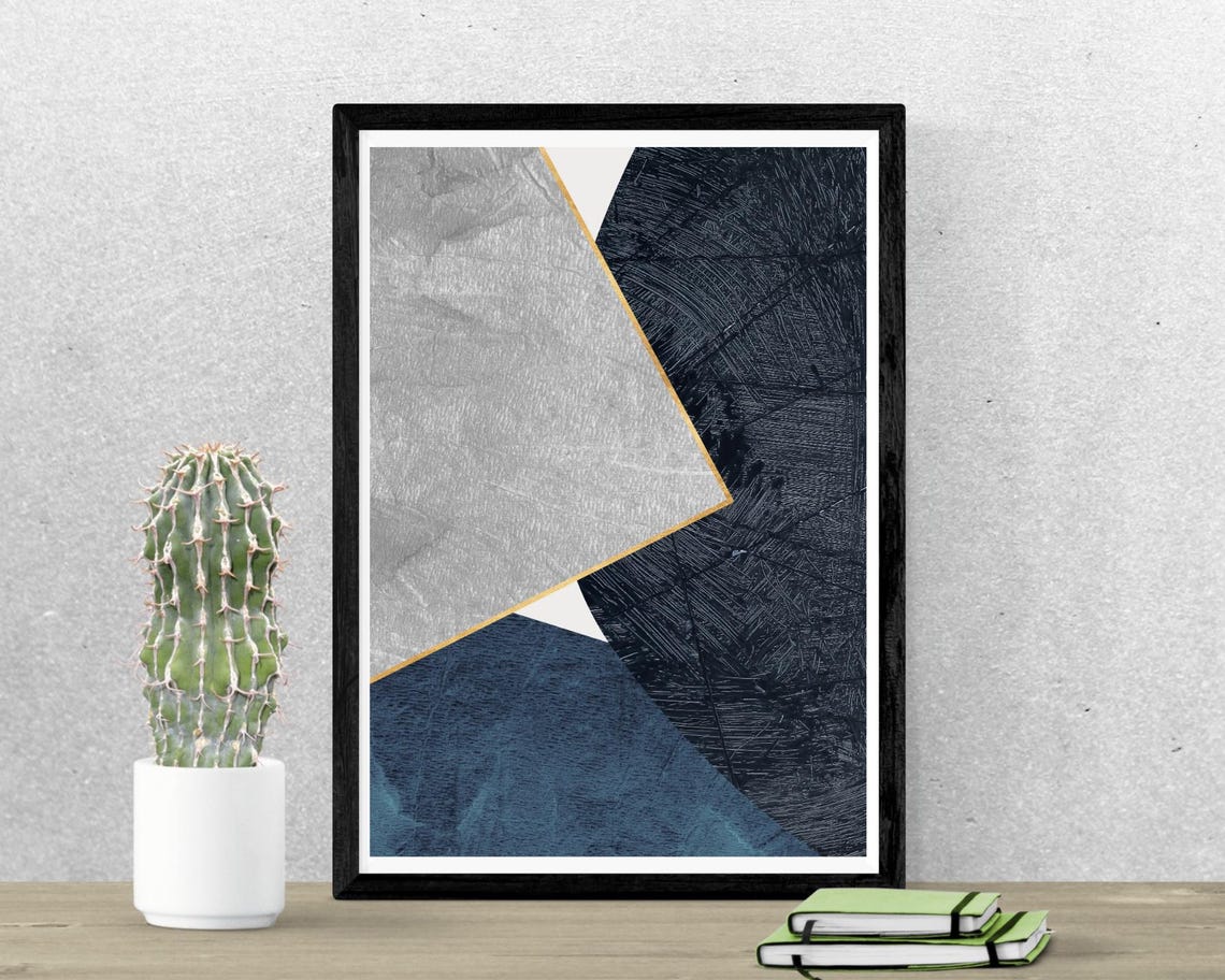 Navy Blue Gray Gold Abstract Geometric Modern Minimalist Art Print