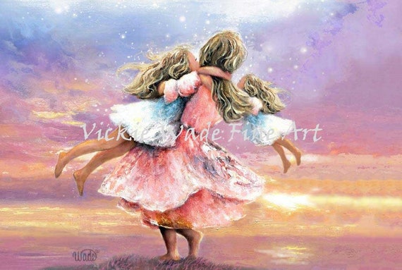 Three Blonde Sisters Twirling Art Print Three Blonde Girls Spinning At Sunset Three Blonde Daughters Vickie Wade Art