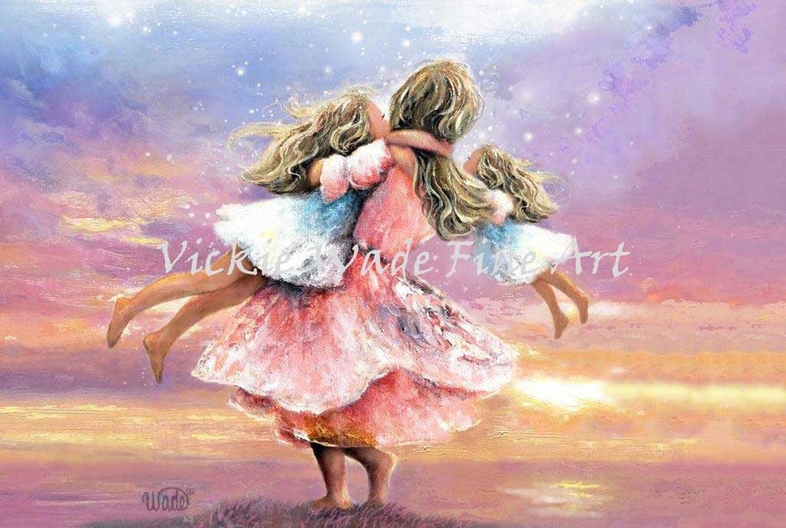 Blonde Sisters Twirling Pink Dresses Sunset Beach Joy Art Poster