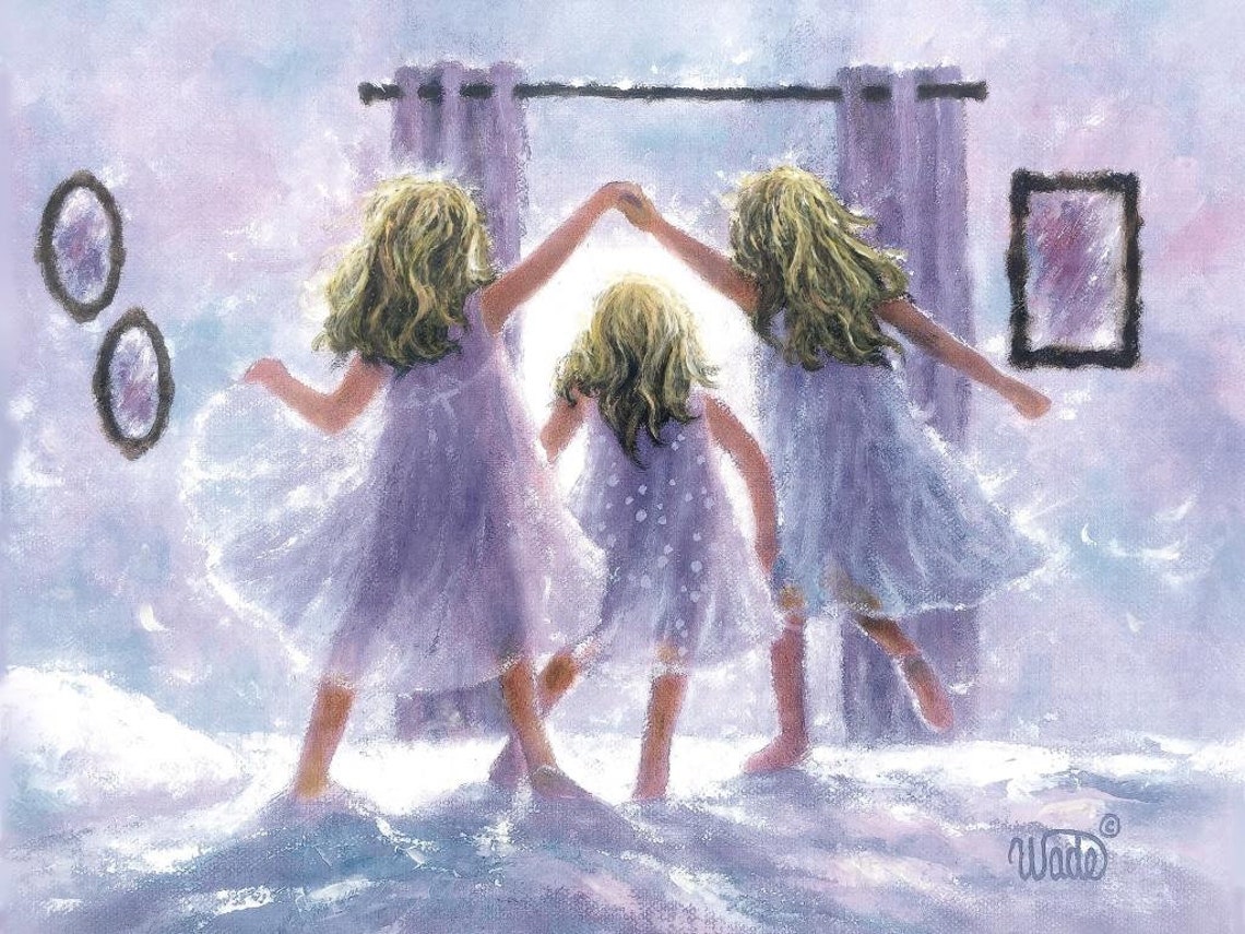 Three Blonde Sisters In Lavender Dresses Dancing In A Bedroom Poster
