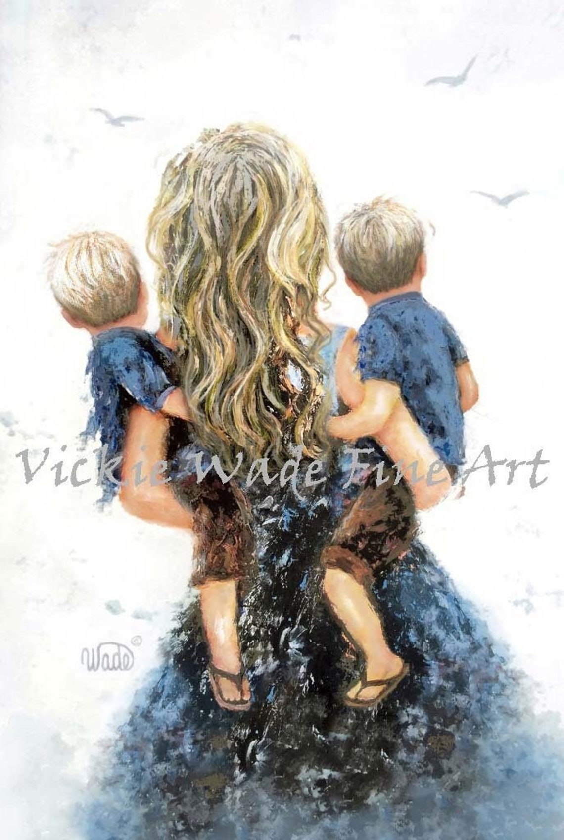 Blonde Mother Carrying Her Twin Boys One on Each Hip Art Print