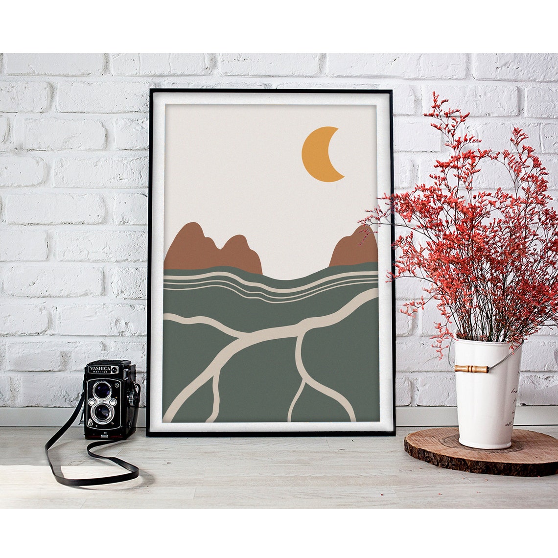 Crescent Moon Over Sage Green Hills And Valley Modern Landscape Poster - Image 2