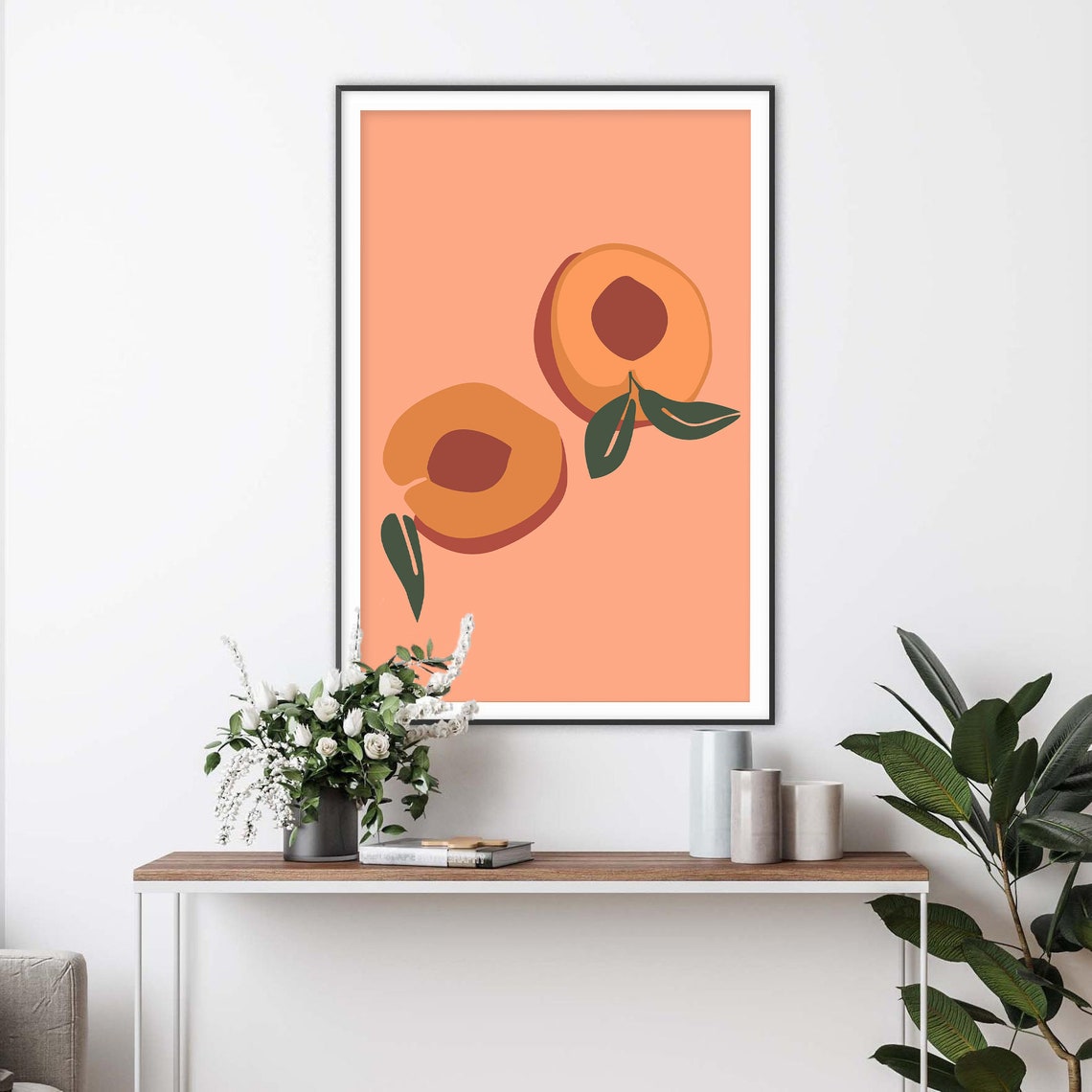 Two Sliced Apricots with Green Leaves on Peach Fruit Art Poster - Image 2
